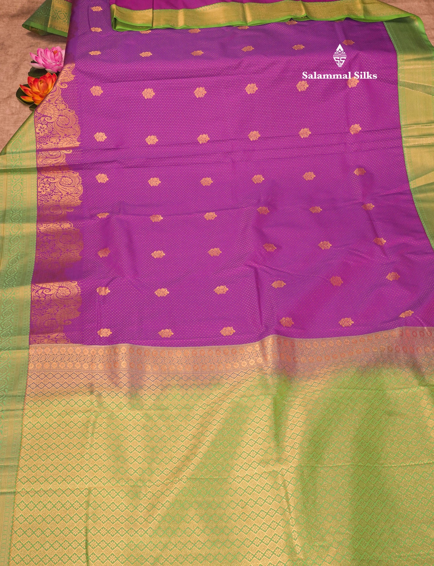 Purple Semi Silk Saree With Contrast Green Fancy Turning Border