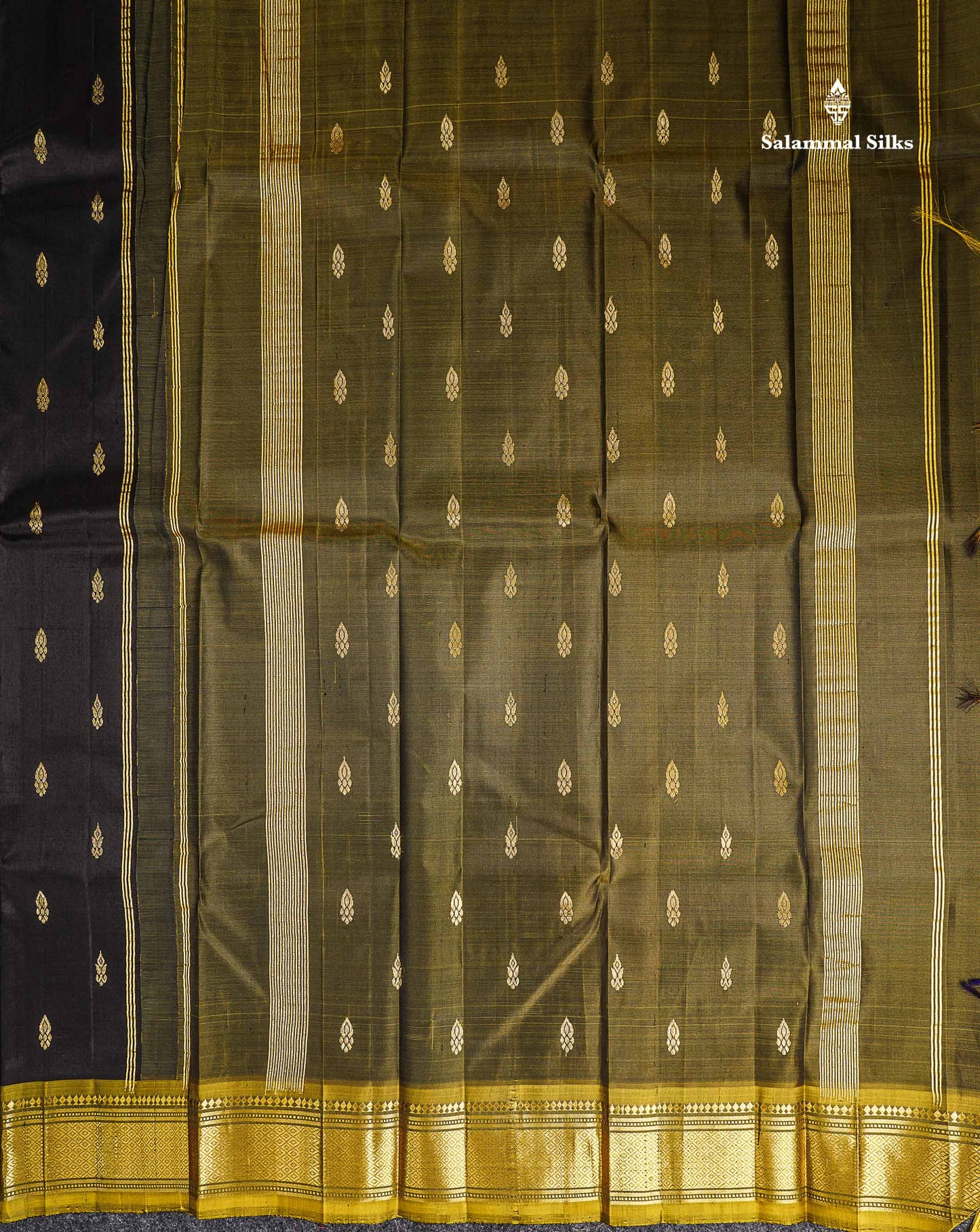 One Side Border Pure Silk Saree - Black Zari Butta With Contrast Olive Traditional Border