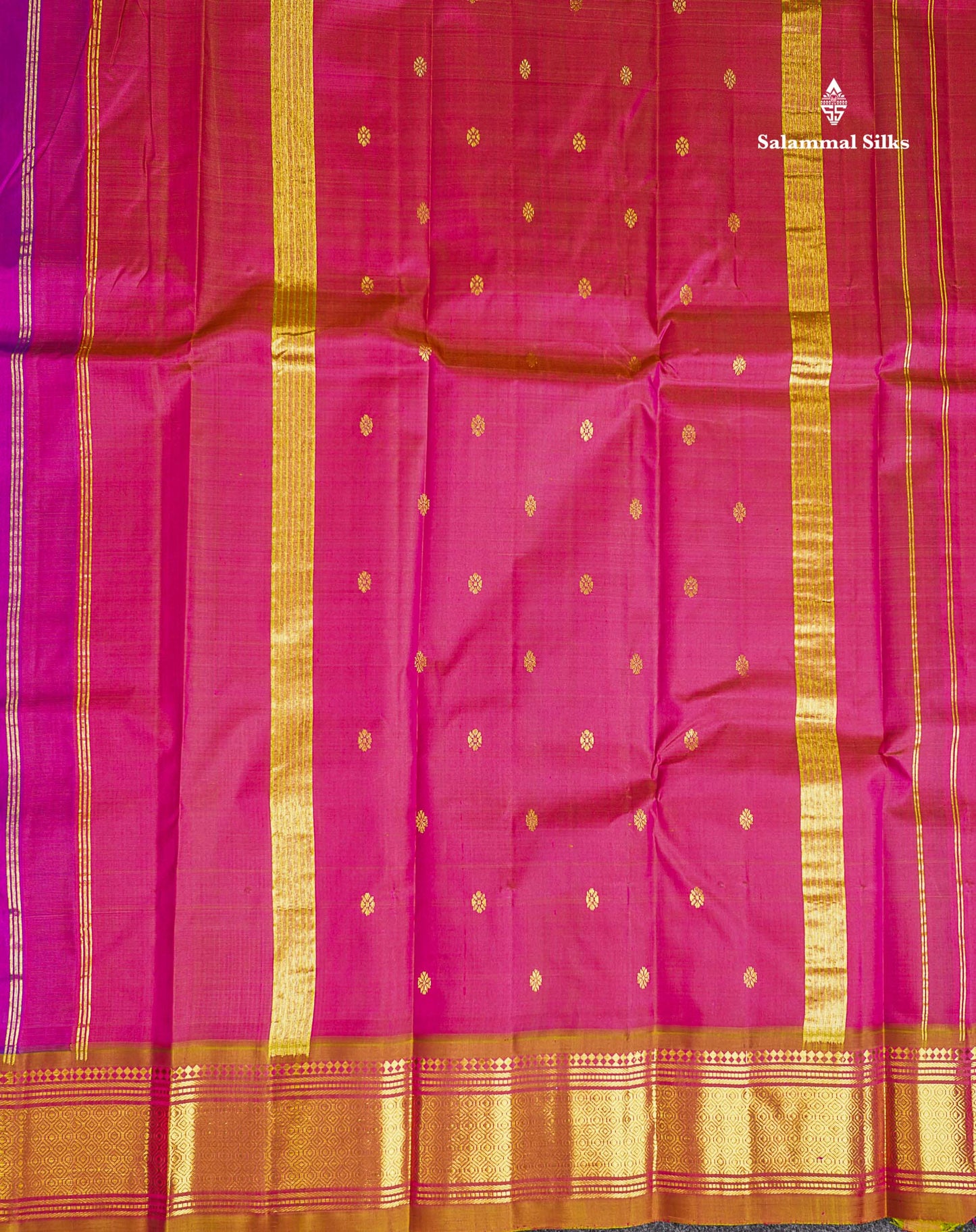One Side Border Pure Silk Saree - Magenta Pink Zari Butta With Contrast Mustard Yellow Traditional Border