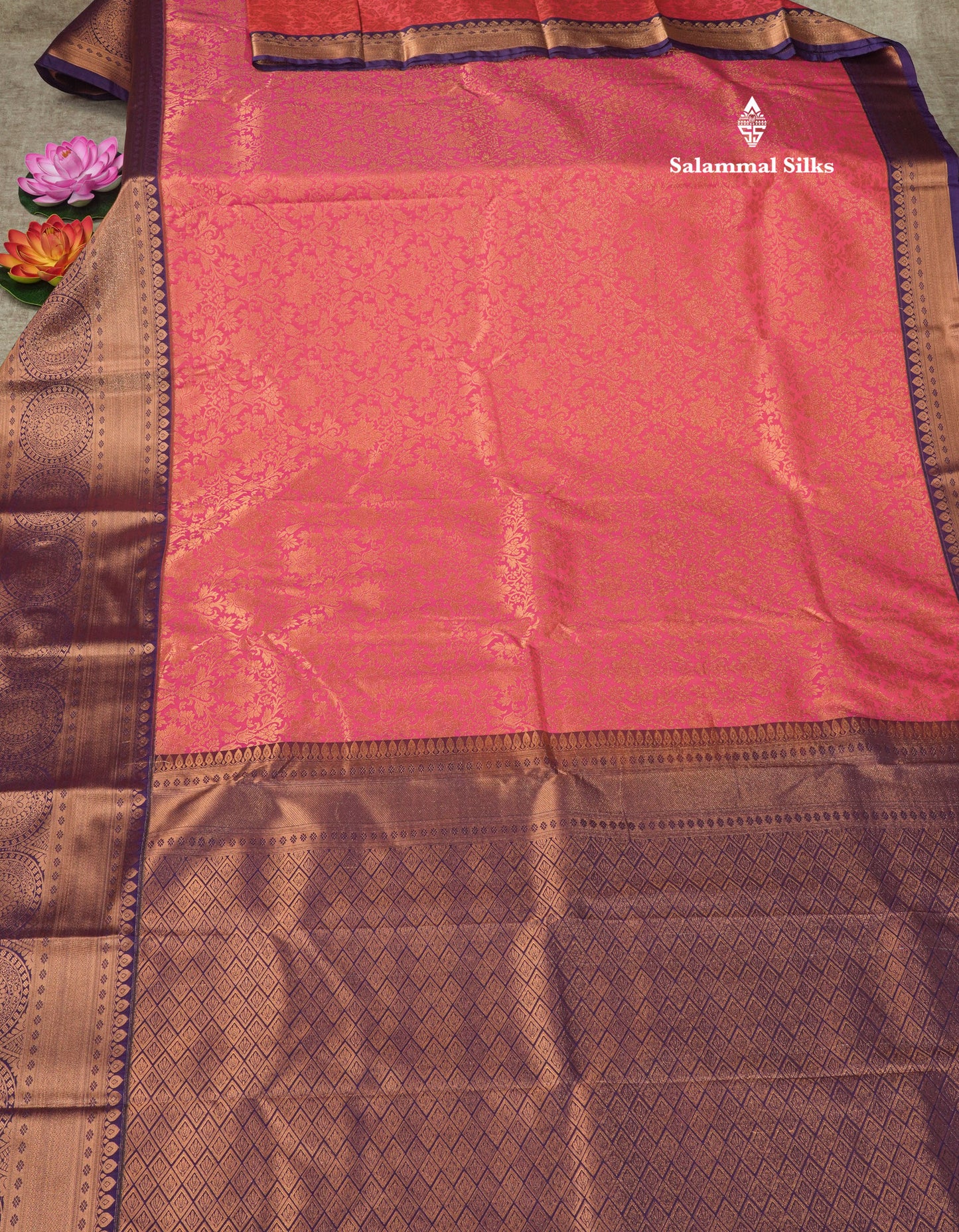 Dark Navy Blue Bridal Semi Silk Saree With Contrast Pink Border