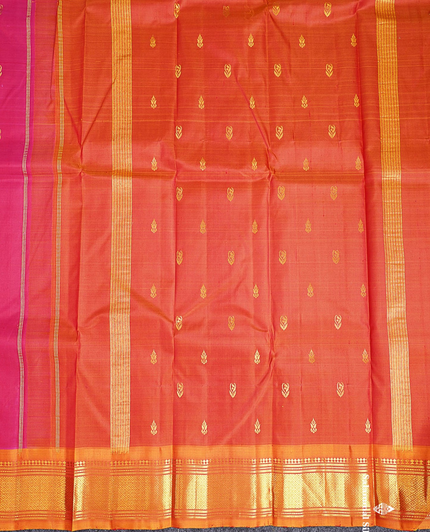 One Side Border Pure Silk Saree - Pink Zari Butta With Contrast Mustard Yellow Traditional Border