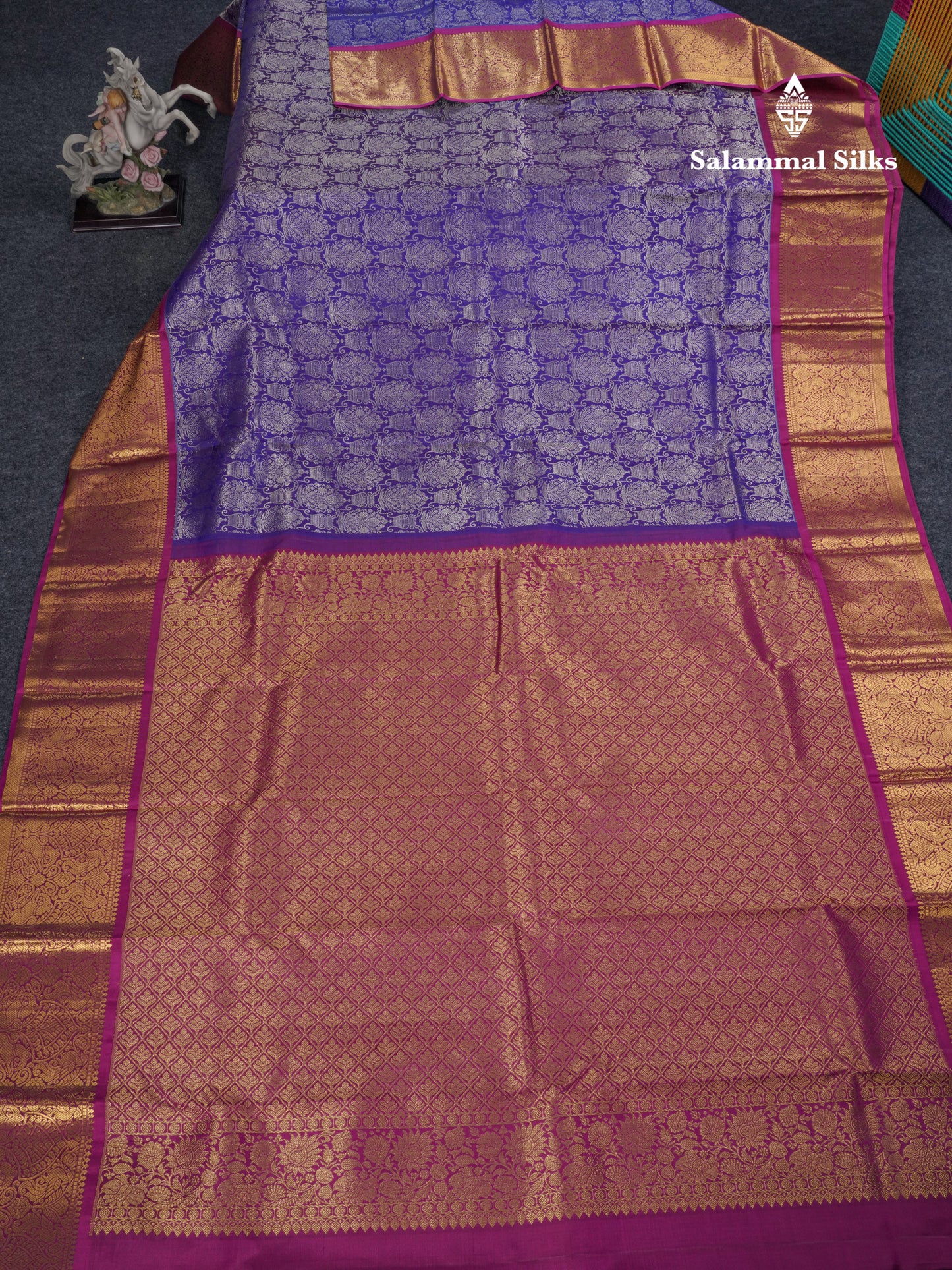 Navy Blue Bridal Pure Kanjivaram Silk Saree With Magenta Border
