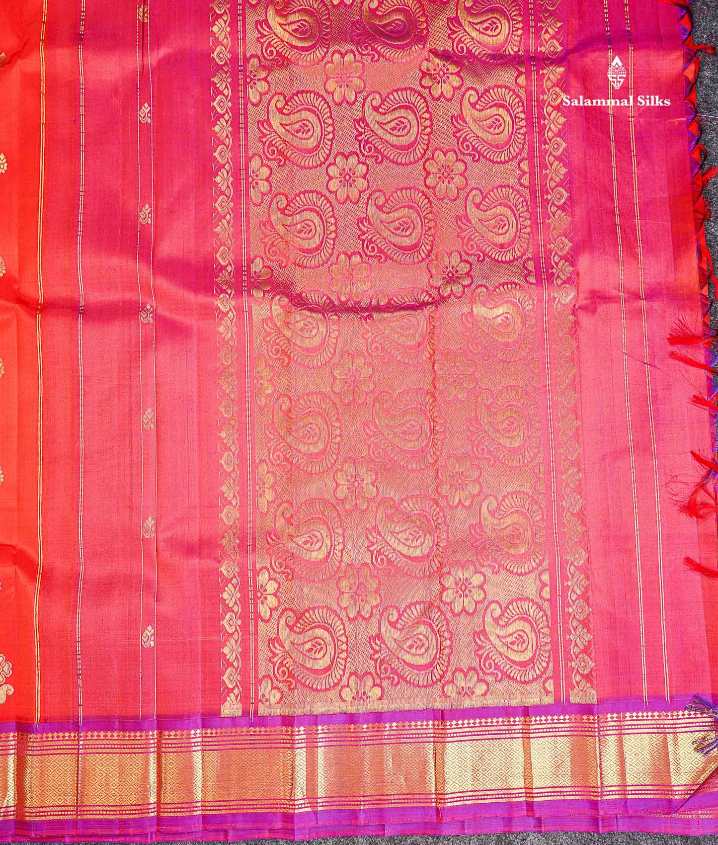 One Side Border Pure Silk Saree - Dual Tone Orange Zari Butta With Contrast Purple Traditional Border