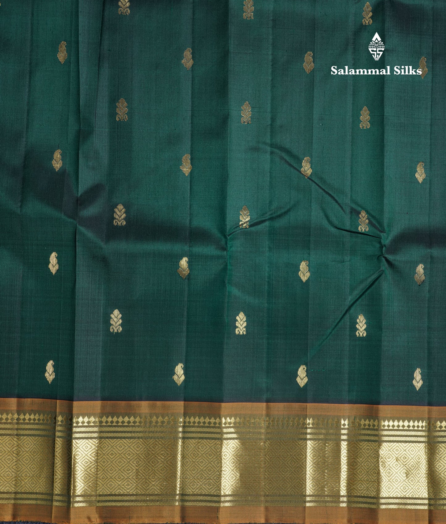 Bottle Green Pure Kanjivaram Silk Saree With Contrast Olive Mustard Yellow One Side Border
