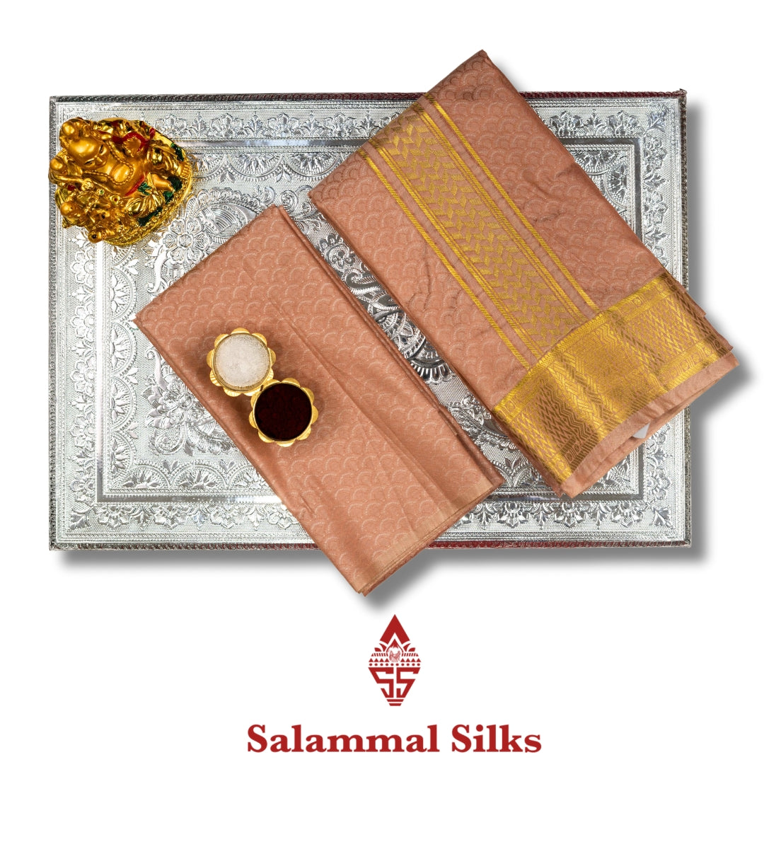 Light Brown Semi Silk Dhoti, Angavastram & Shirt (2.50M) with Gold Zari Border