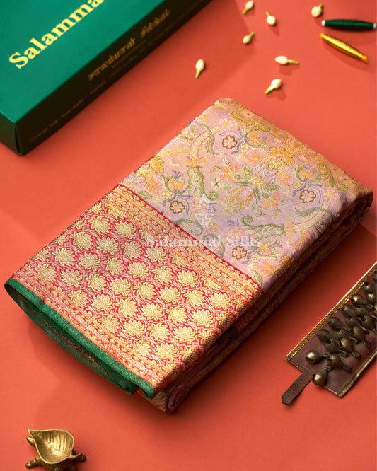 Exclusive Bridal Lavender Colour Kanjivaram Pure Silk Saree Pure Silver Zari Saree with Contrast Red Border