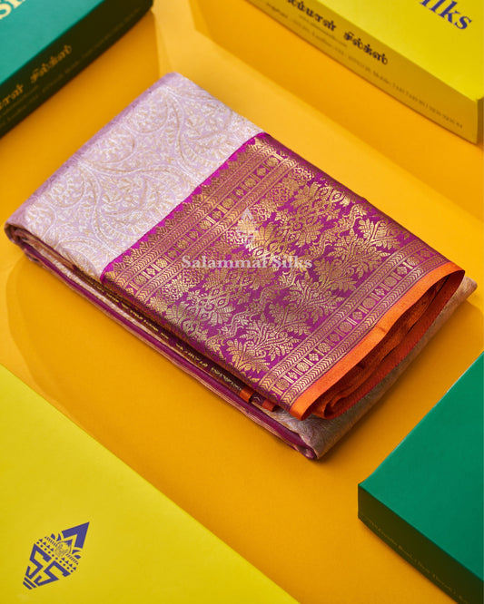 Exclusive Bridal Lavender Colour Kanjivaram Pure Silk Saree Pure Silver Zari Saree with Contrast Vadamalli Border