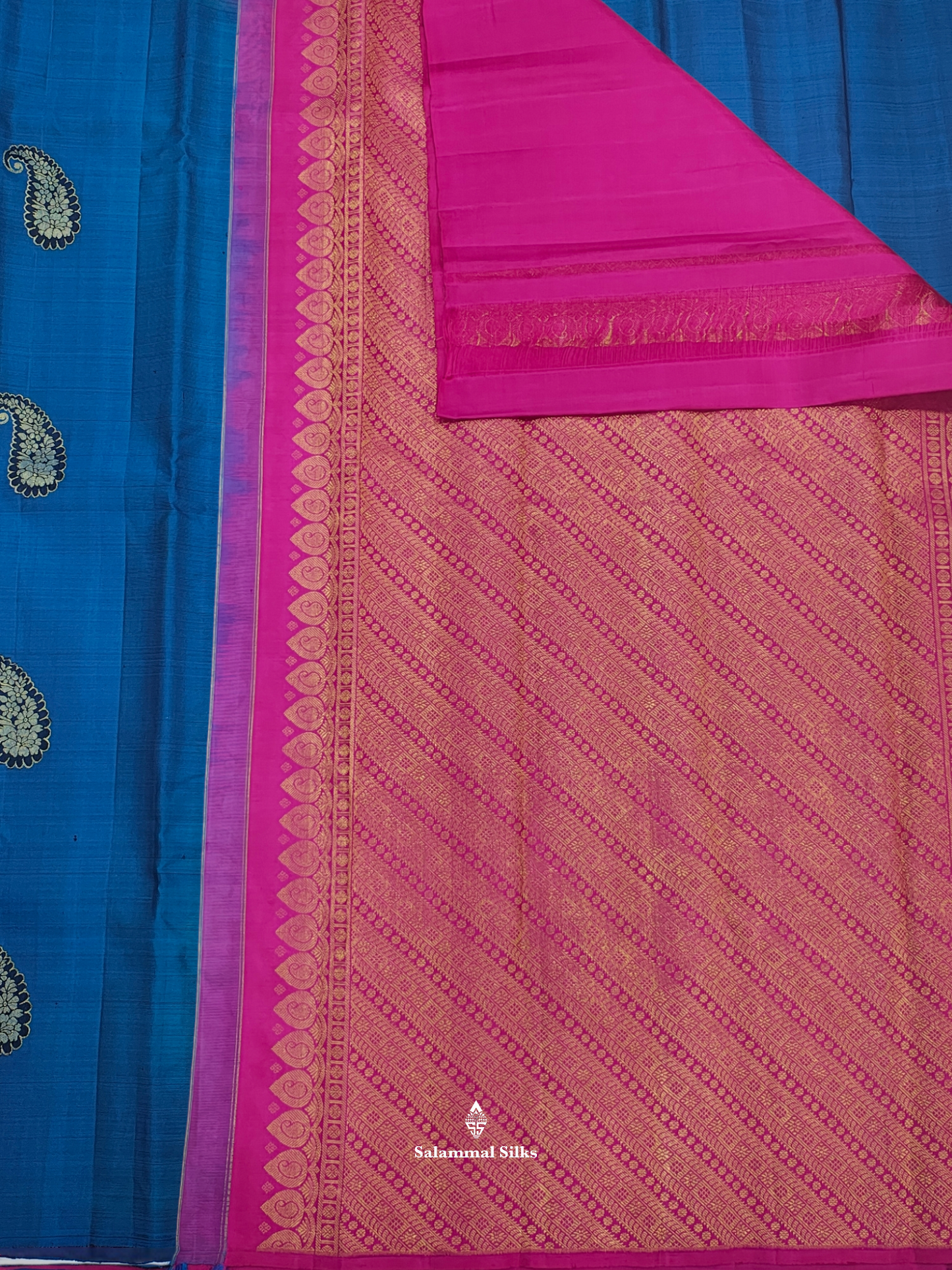 Kanjivaram Ramar Blue Pure Silk Saree With Magenta Rose Blouse