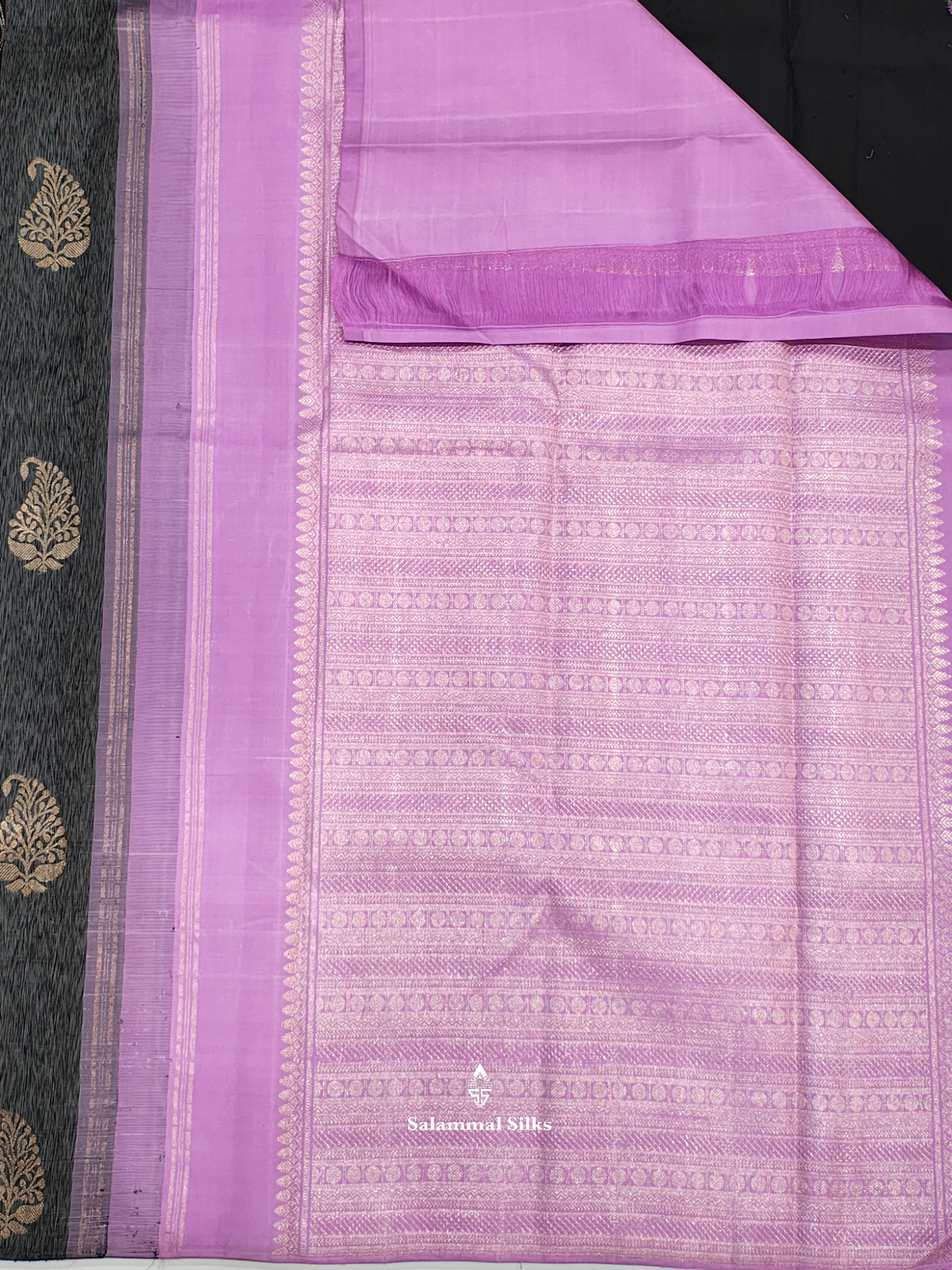 Kanjivaram Black Grey Beutiful Fancy Pure Silk Saree With Lavender Blouse