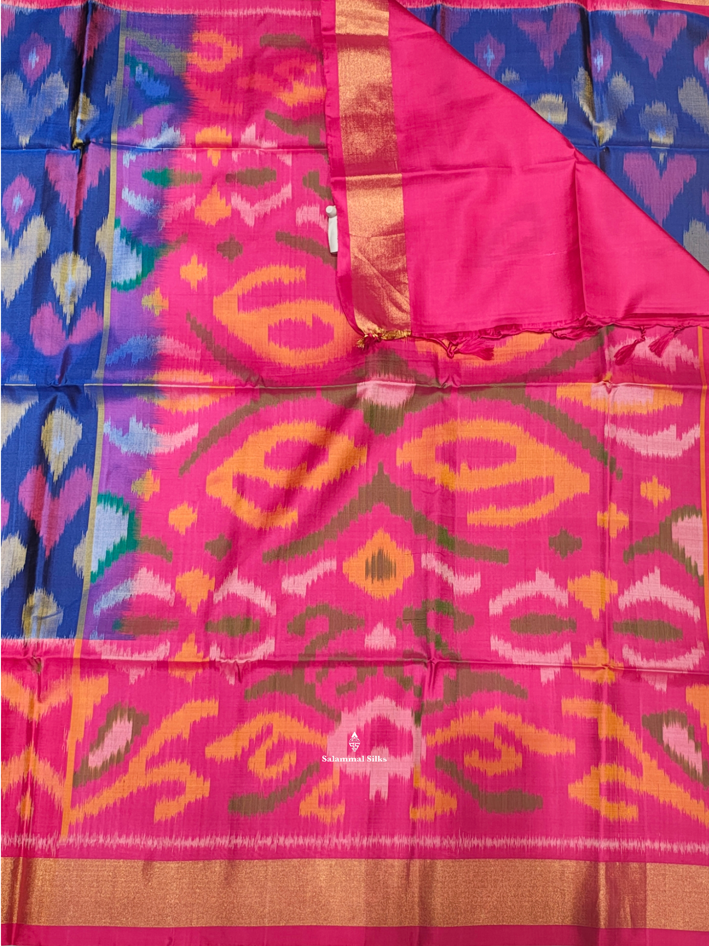 Royal Blue Beautiful Ikkat Fancy Pure Soft Silk Saree With Pink Border