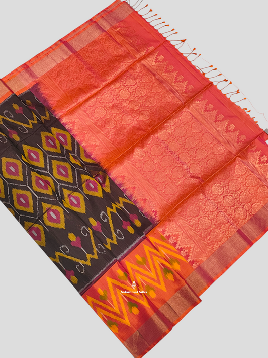 Chocolet Brown Beautiful Ikkat Fancy Pure Soft Silk Saree With Pinkish Orange Border