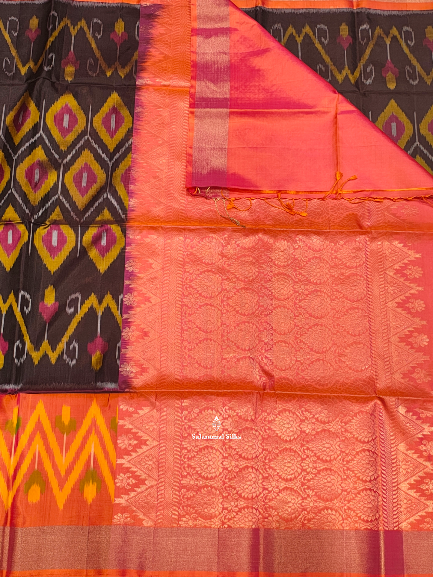 Chocolet Brown Beautiful Ikkat Fancy Pure Soft Silk Saree With Pinkish Orange Border
