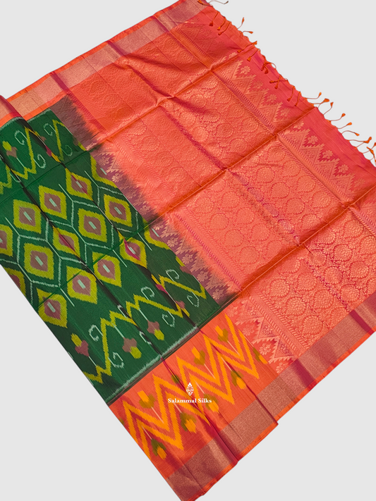 Bottle Green  Beautiful Ikkat Fancy Pure Soft Silk Saree With Pinkish Orange Border