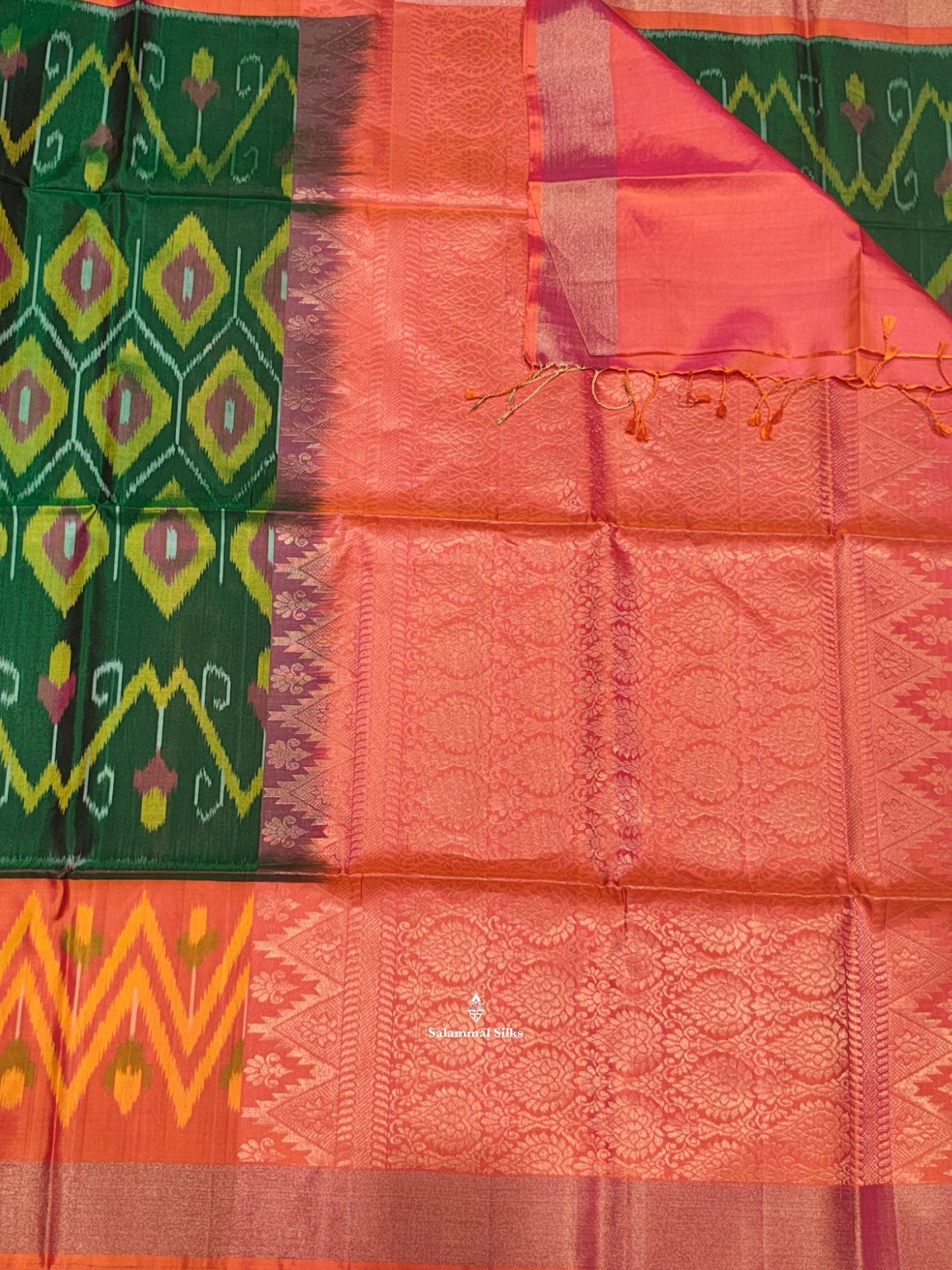 Bottle Green  Beautiful Ikkat Fancy Pure Soft Silk Saree With Pinkish Orange Border