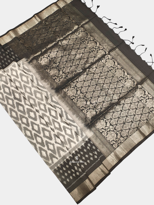 White Grey Beautiful Ikkat Fancy Pure Soft Silk Saree With Black Border
