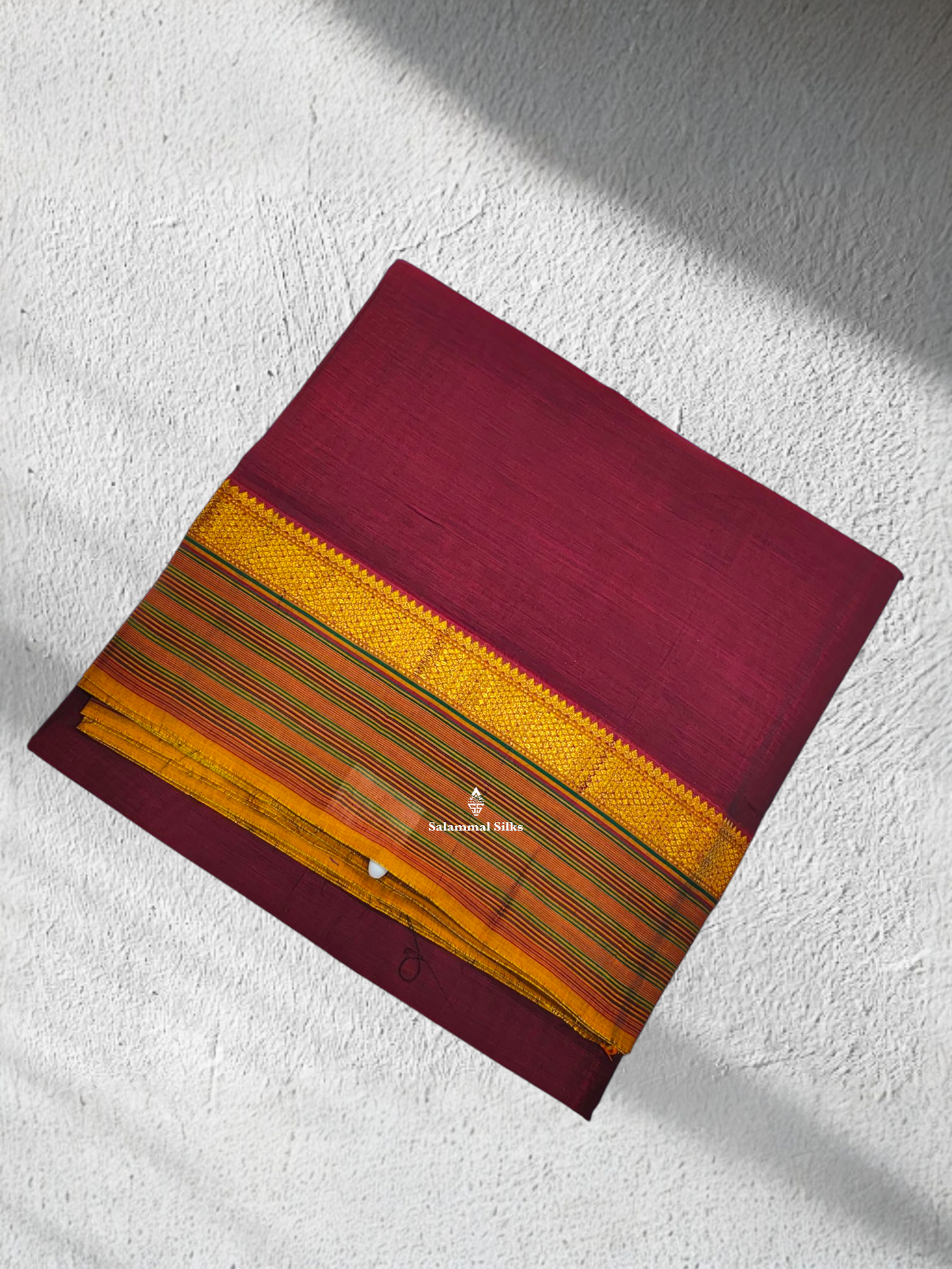9 Yards Beautiful Dark Maroon Pure Cotton Saree With Mustard Yellow Border