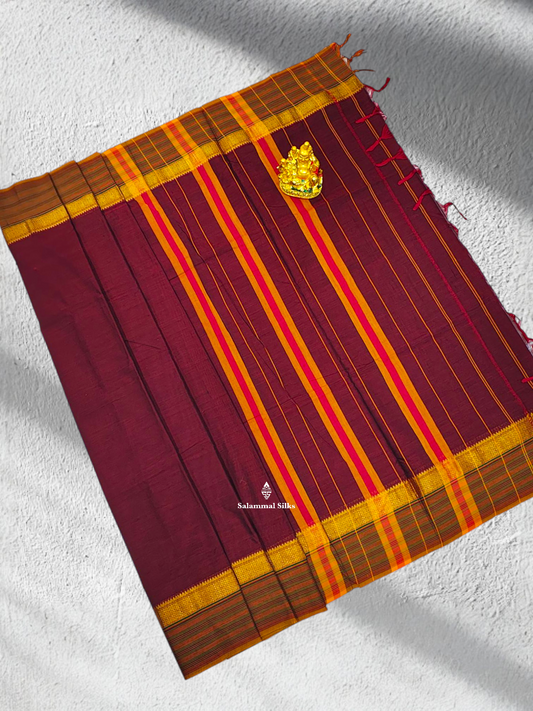 9 Yards Beautiful Dark Maroon Pure Cotton Saree With Mustard Yellow Border