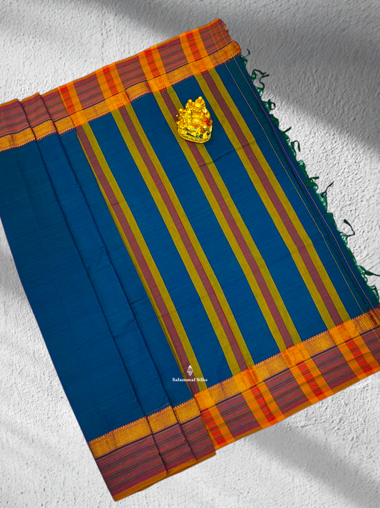 9 Yards Beautiful  Peacock Blue Pure Cotton Saree With Mustard Yellow Border