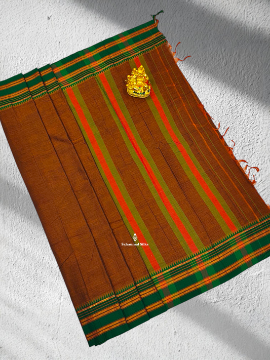 9 Yards Beautiful Olive Mustard Pure Cotton Saree With Green Border