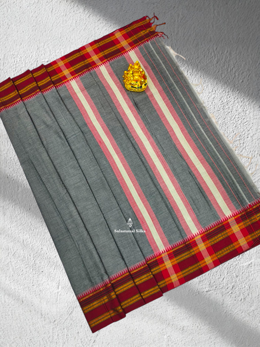 9 Yards Beautiful Grey Pure Cotton Saree With Maroon Border