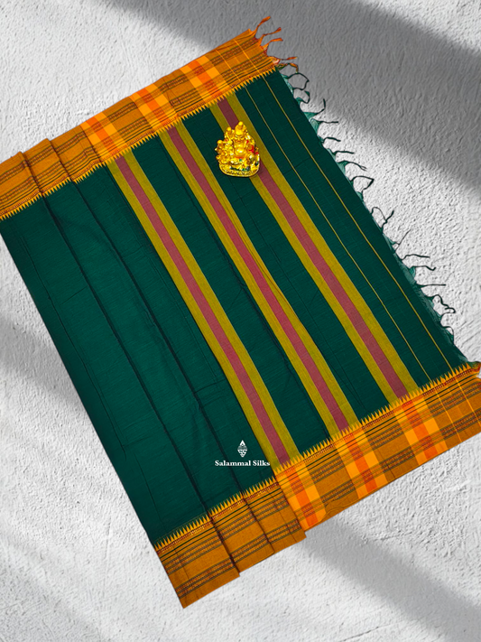 9 Yards Beautiful Bottle Green Pure Cotton Saree With Mustard Yellow Border