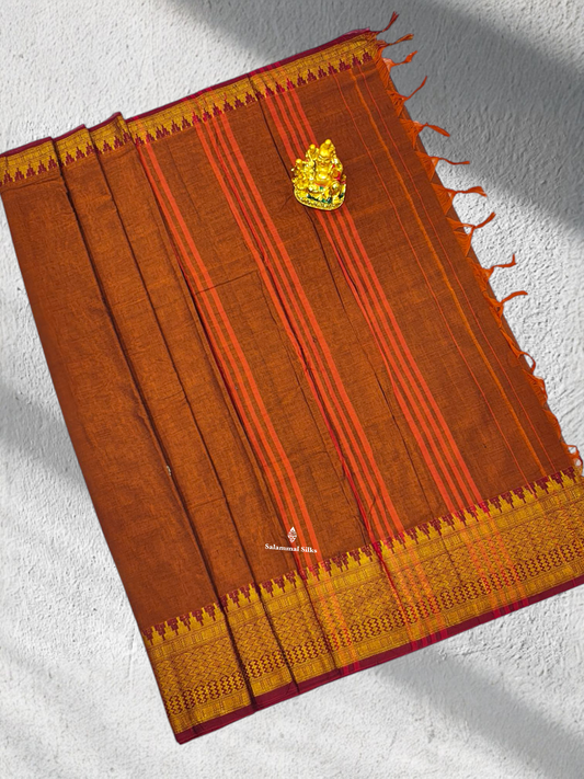 9 Yards Beautiful olive Brown Pure Cotton Saree With Gold Zari Border
