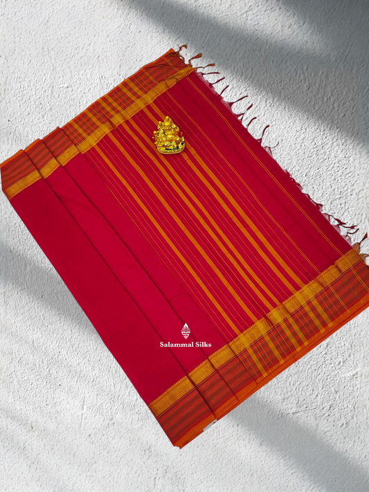 9 Yards Beautiful  Red Pure Cotton Saree With Mustard Yellow Border