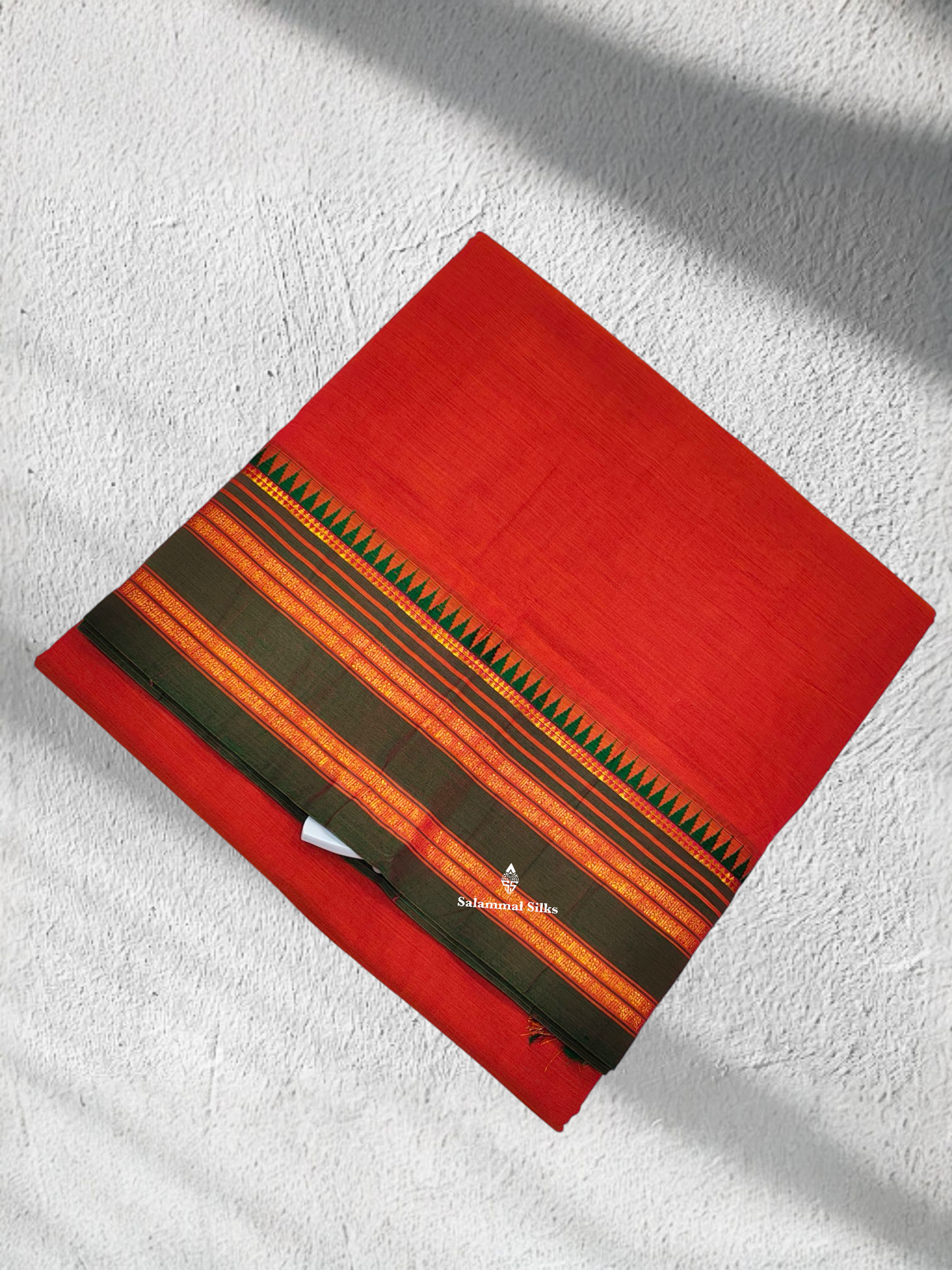 9 Yards Beautiful Tomato Red Pure Cotton Saree With Green Small Temple Border