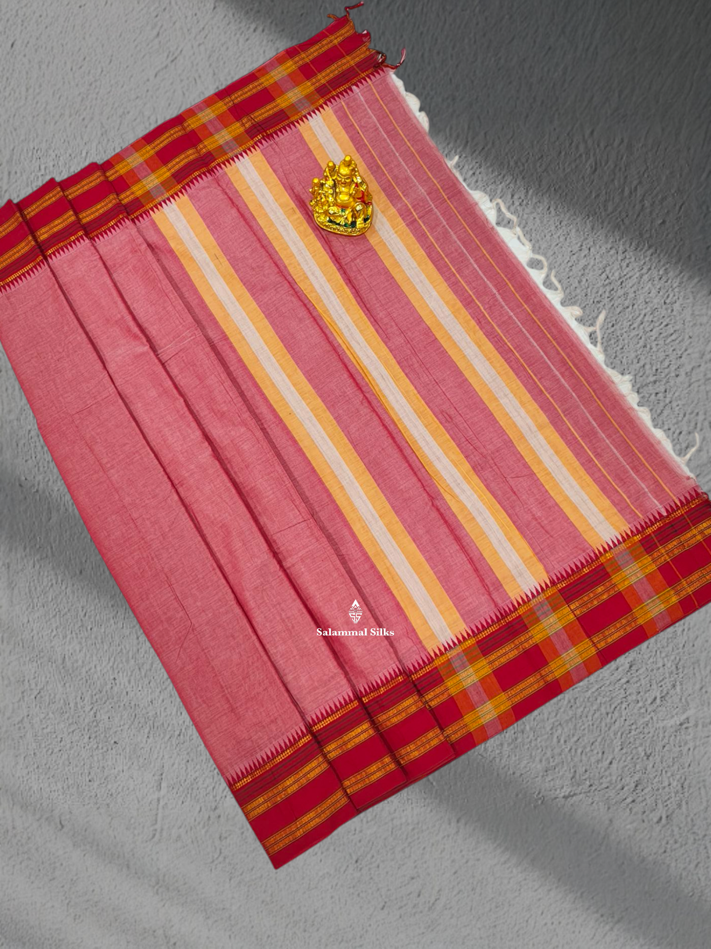 9 Yards Beautiful Dark Peach Pure Cotton Saree With Red Border