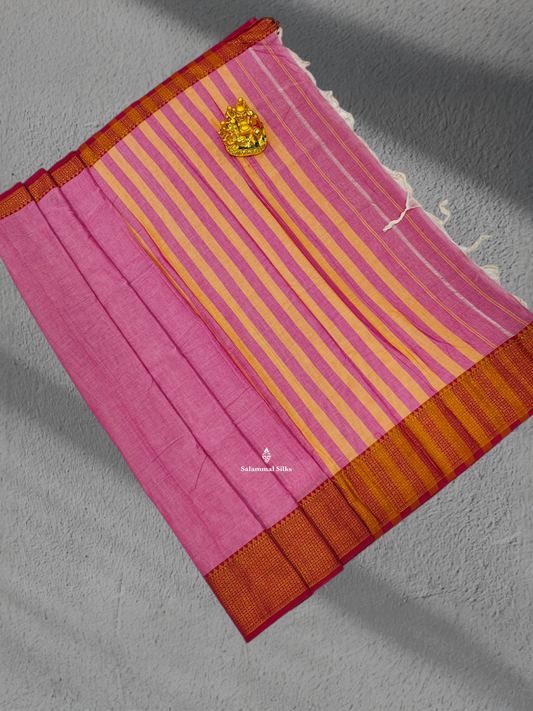 9 Yards Beautiful Baby PinkPure Cotton Saree With Maroon Border