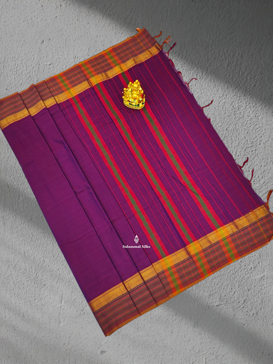 9 Yards Beautiful Violet Pure Cotton Saree With Multicolour Border