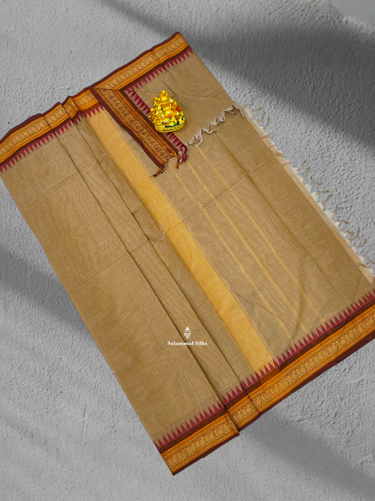 Cream Sandal Beautiful Pure Cotton Saree With Brown Small Temple Border