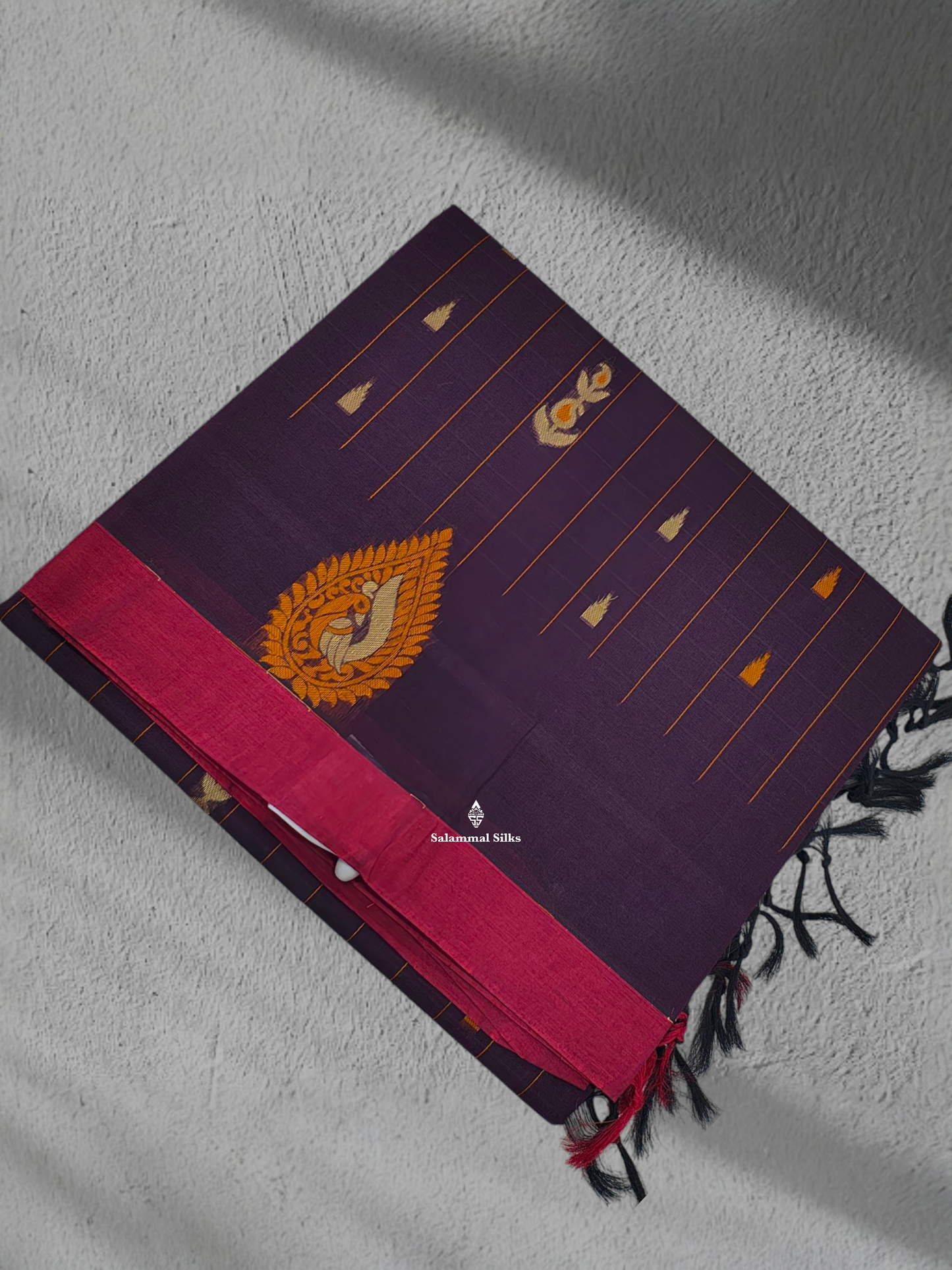 Violet Beautiful Fancy Pure Cotton Saree Body Full Yellow Strip With Maroon Small Border