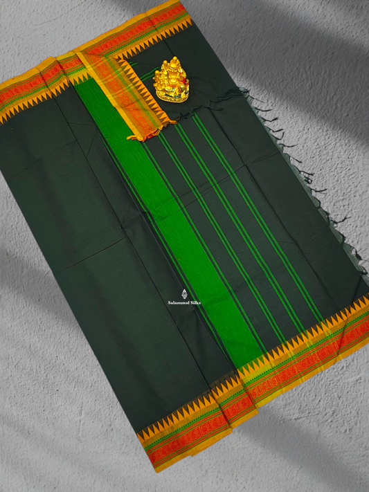 Bottle Green Beautiful Pure Cotton Saree With Mustard Yellow Thread Work And Temple Border