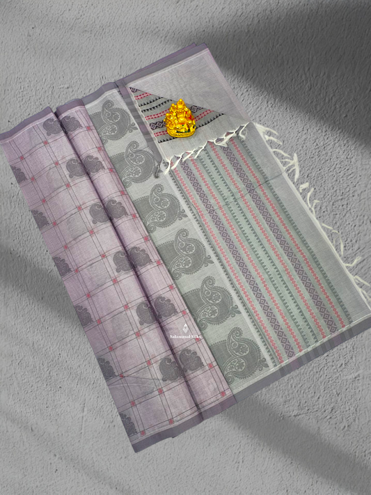 Cream Ash Beautiful Checks Pure Cotton Saree With Small Border