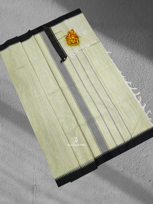 Cream white Beautiful Pure Cotton Saree With Black Small Temple Border