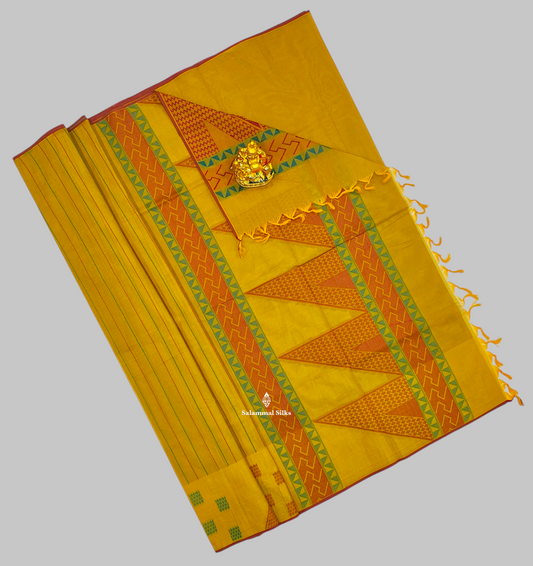 Yellow Beautiful Fancy Pure Cotton Saree WithOne Side Temple Border