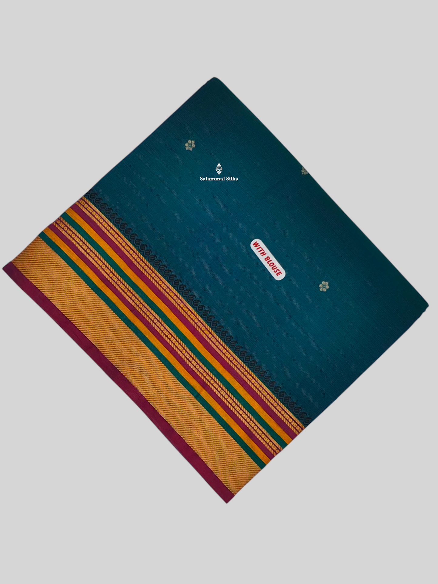 Peacock Blue Beautiful Pure Cotton Saree With Multicolour Border