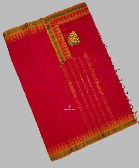 Chilli Red Beautiful Pure Cotton Saree With Yellow Small Temple Border