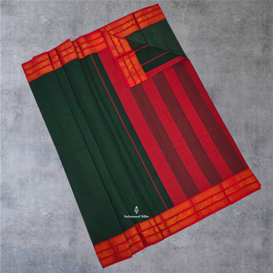 Bottle Green Colour Linen Cotton Sarees With Contrast Maroon Border