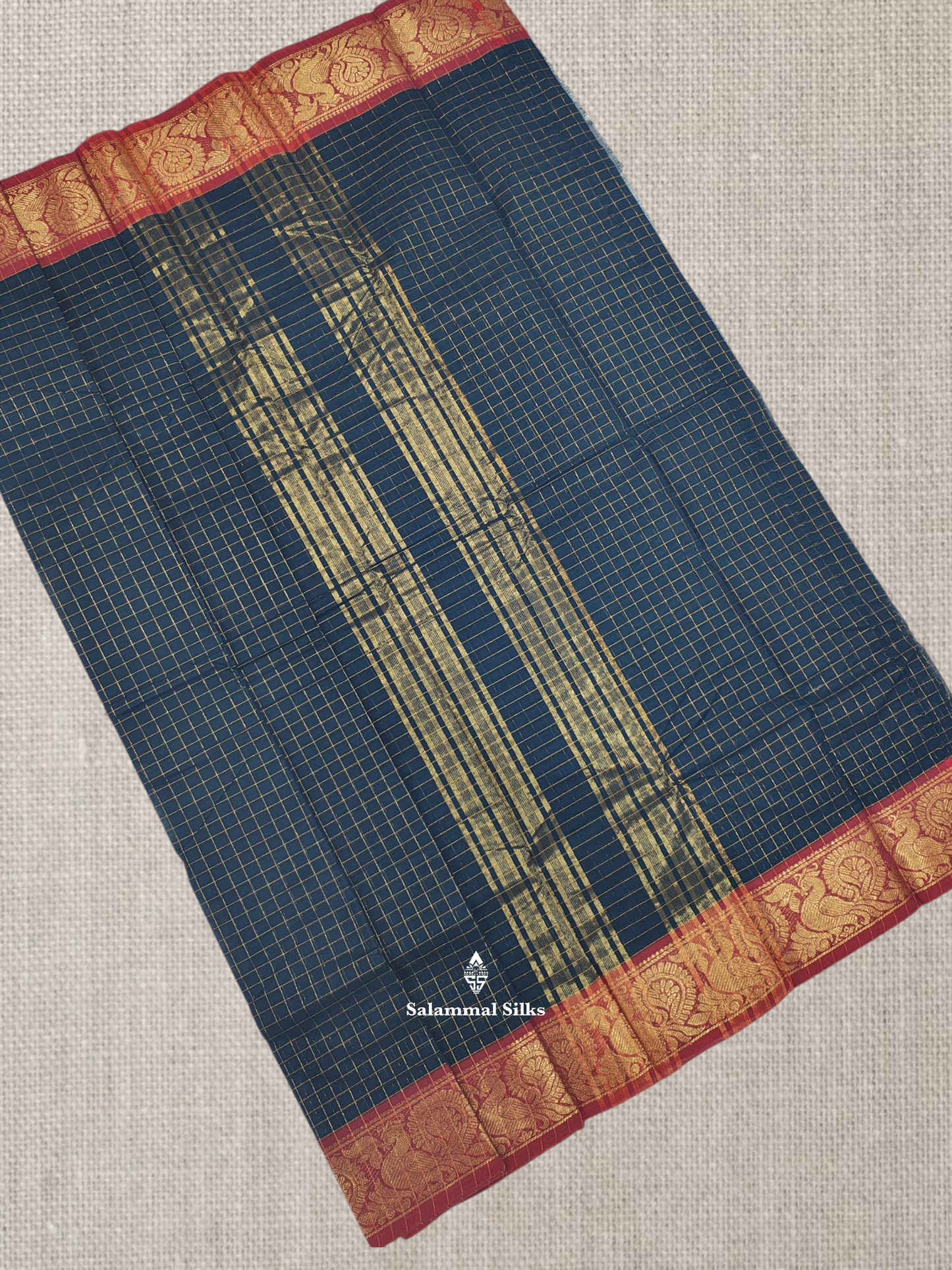 Ramar Blue Zari Checks Beautiful Chettinad Pure Cotton Saree Without Blouse