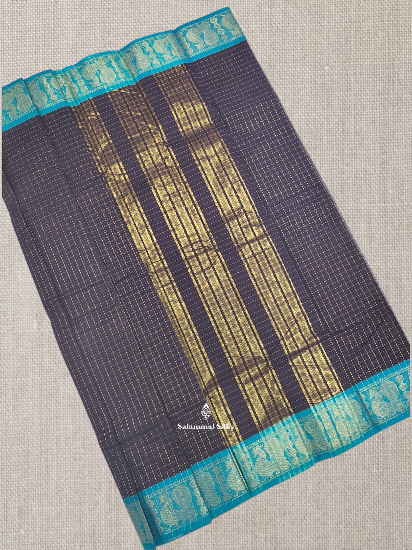 Ramar Blue Zari Checks Beautiful Chettinad Pure Cotton Saree Without Blouse
