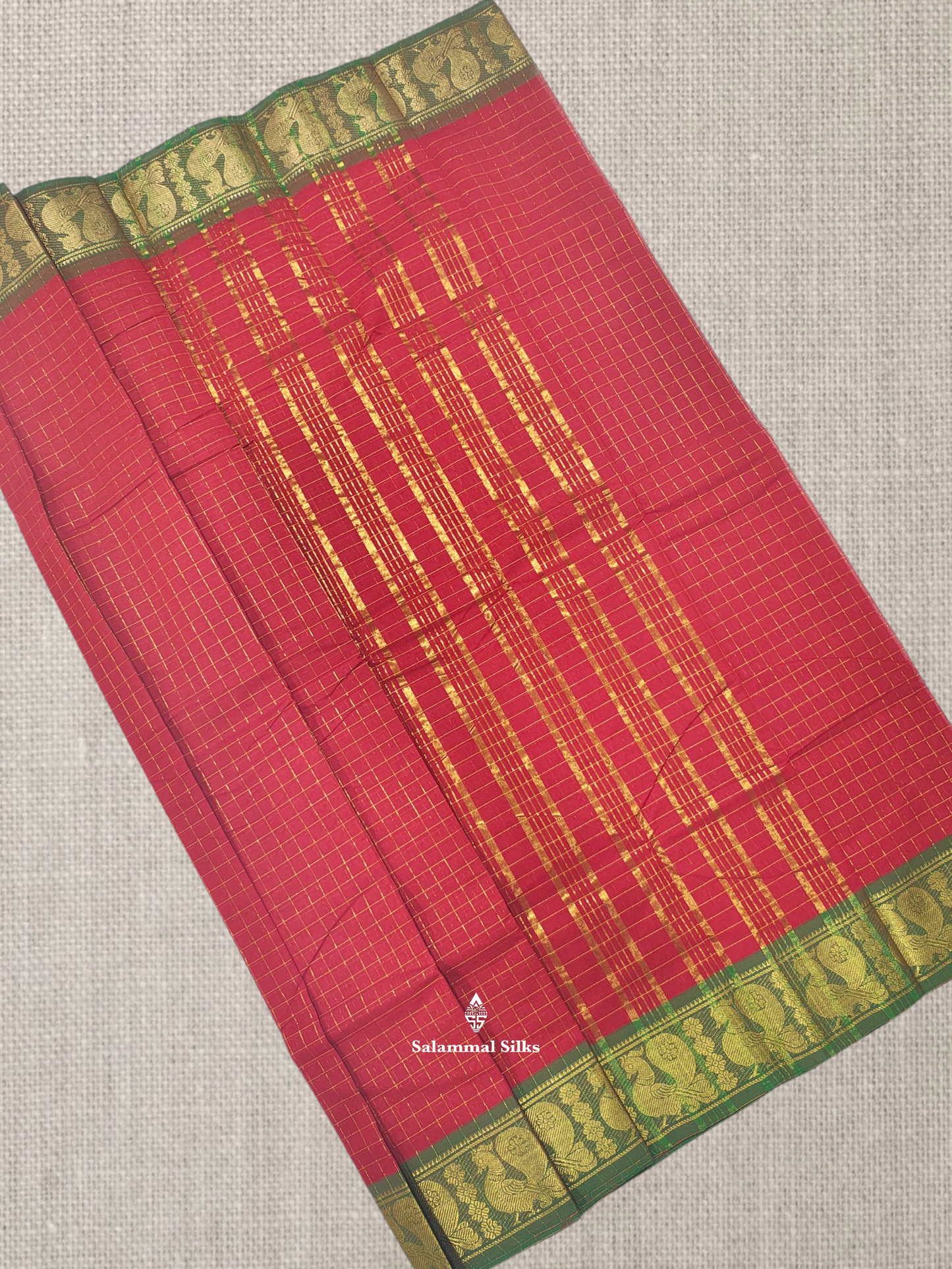 Rust Orange Zari Checks Beautiful Chettinad Pure Cotton Saree Without Blouse