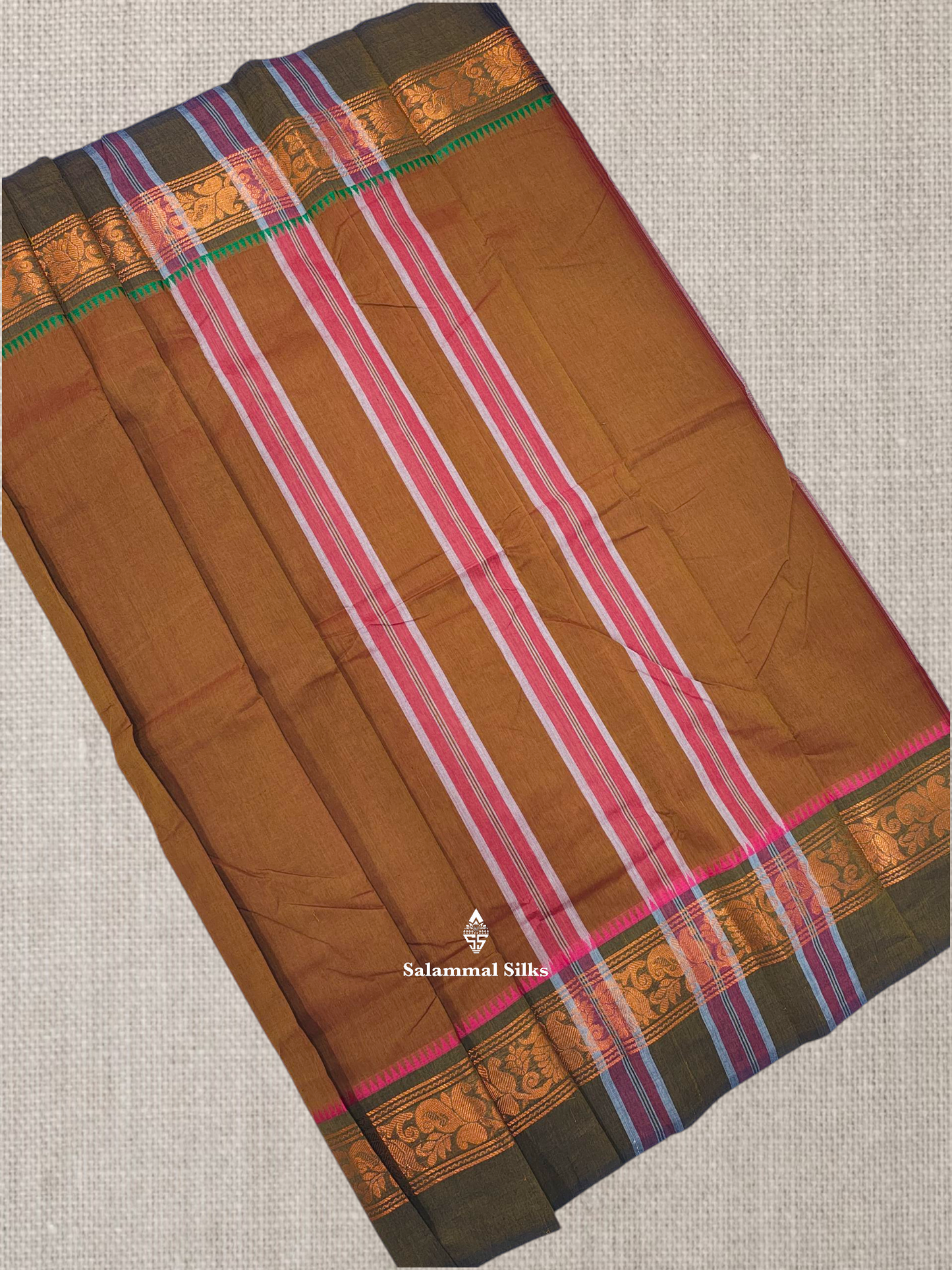 Grey Beautiful Chettinad Plain Pure Cotton Saree With Traditional Small Temple And Zari Border