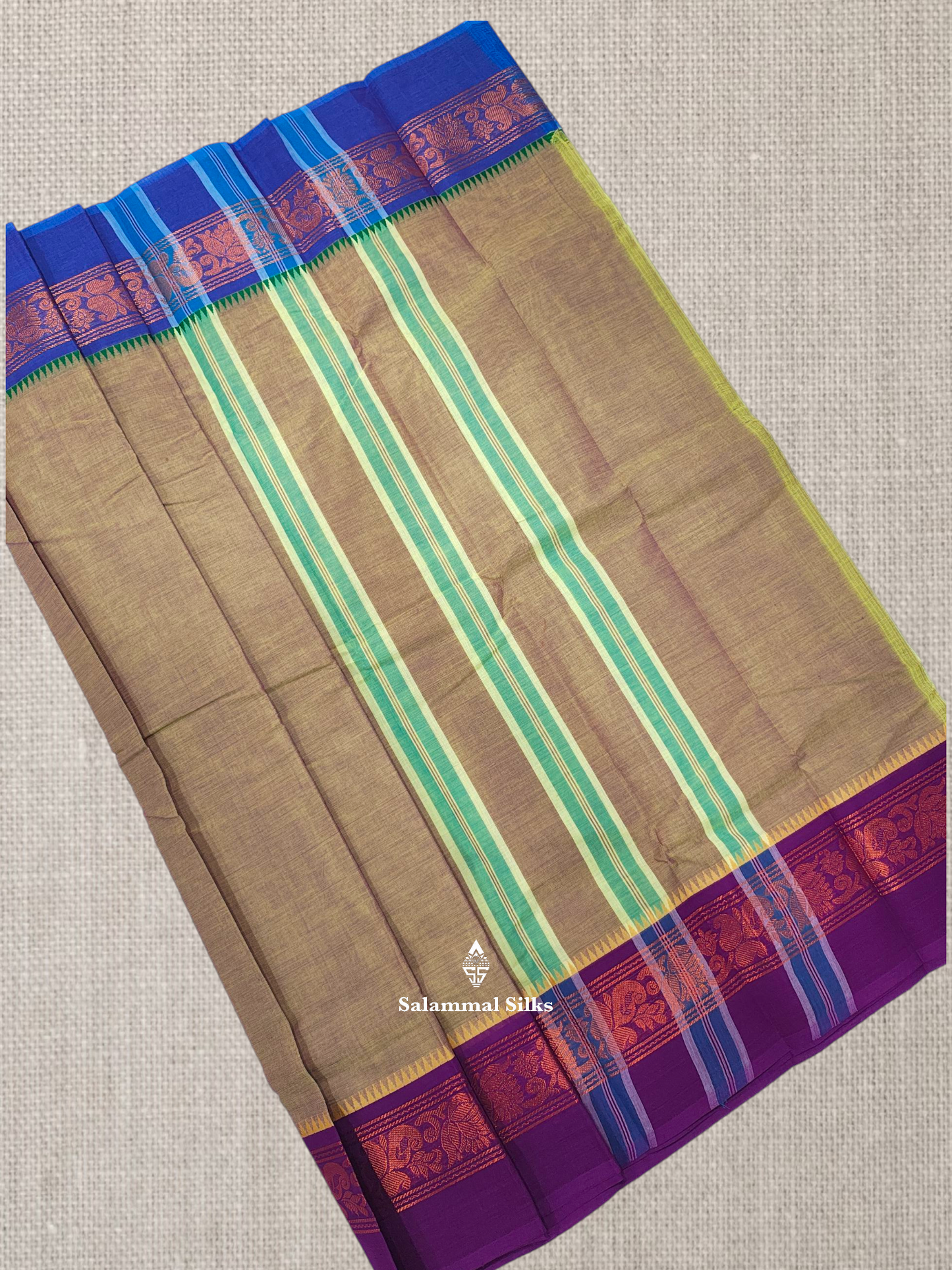 Sandal Chettinad Plain Pure Cotton Saree With Traditional Ganga And Jamuna Border