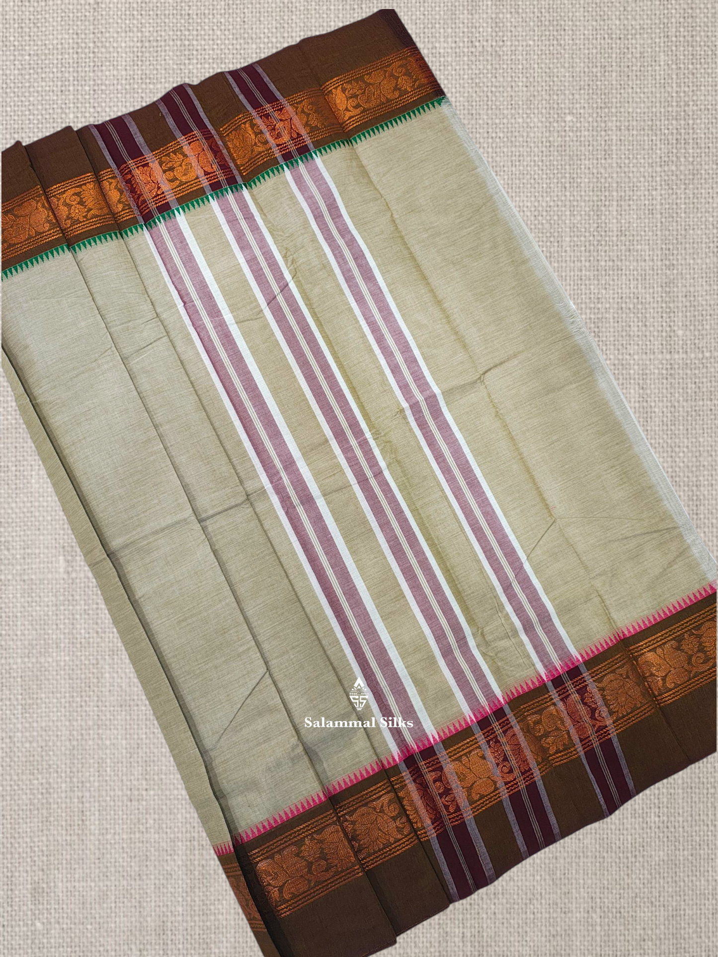 Grey Beautiful Chettinad Plain Pure Cotton Saree With Traditional Small Temple And Zari Border
