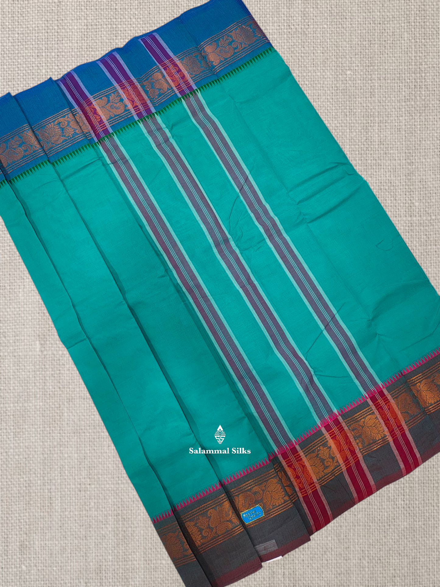 Grey Beautiful Chettinad Plain Pure Cotton Saree With Traditional Small Temple And Zari Border
