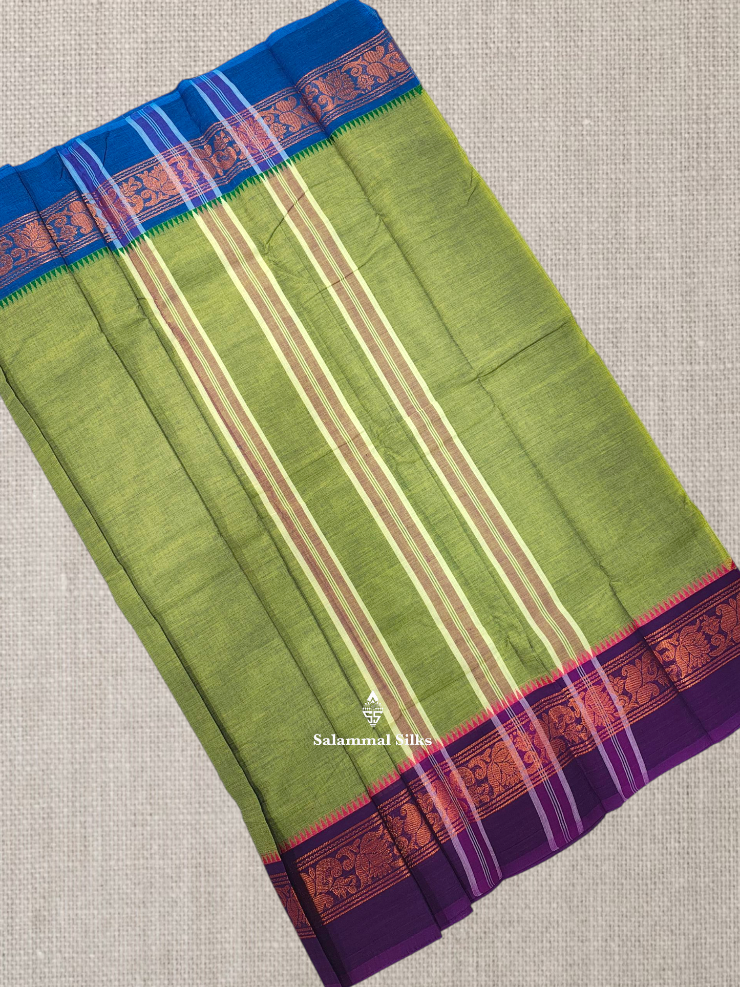 Sandal Chettinad Plain Pure Cotton Saree With Traditional Ganga And Jamuna Border