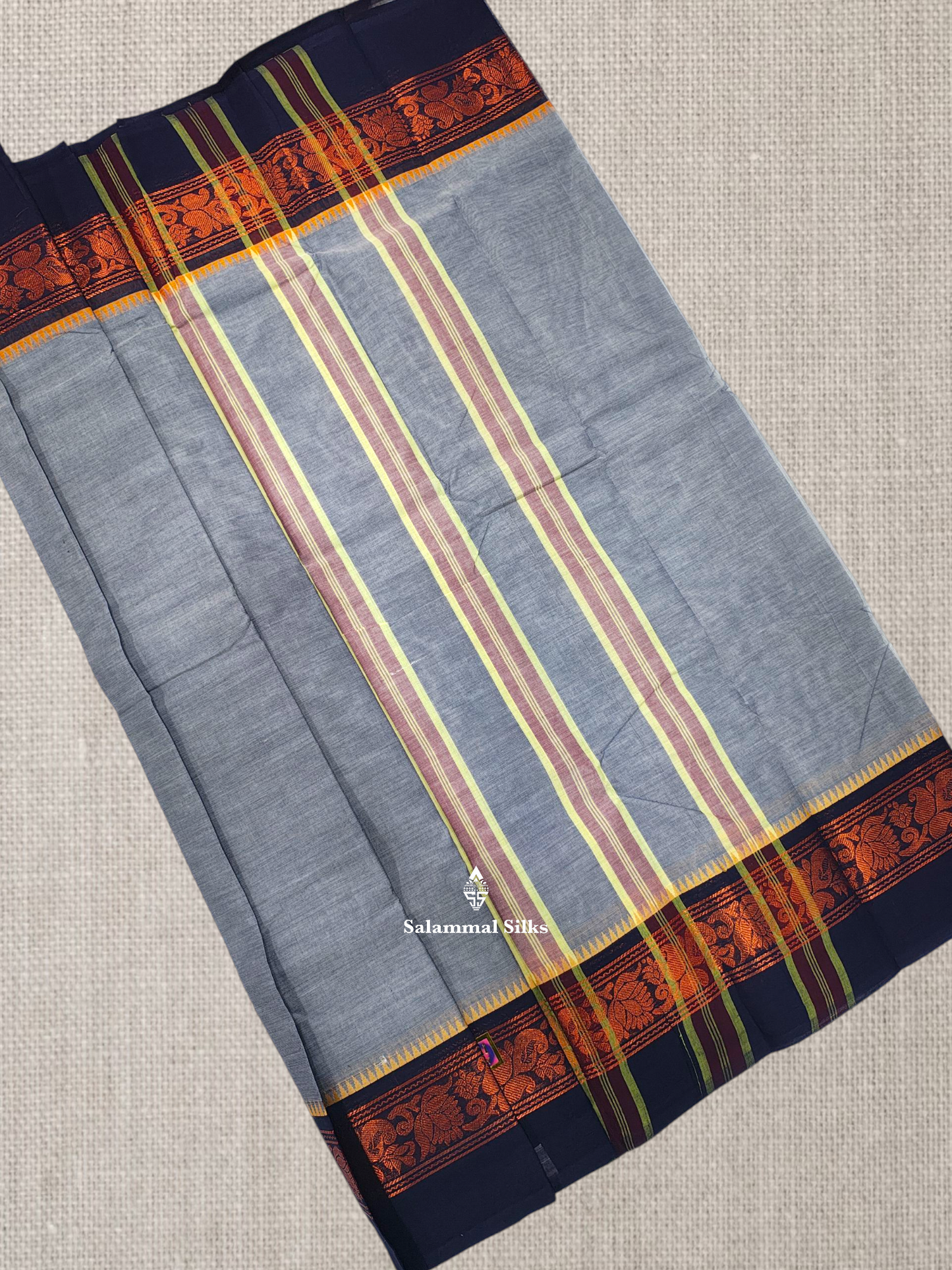 Grey Beautiful Chettinad Plain Pure Cotton Saree With Traditional Small Temple And Zari Border