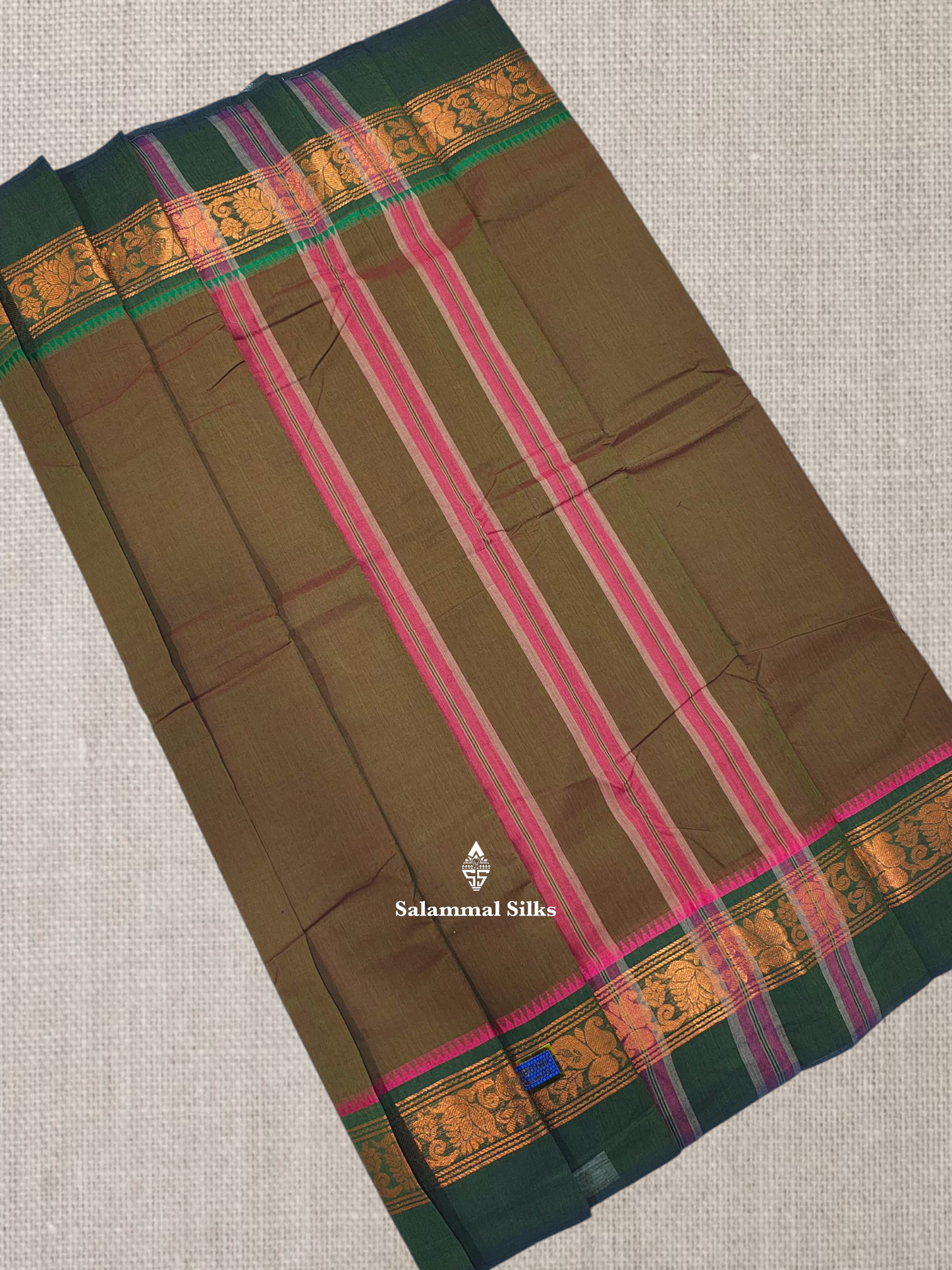Grey Beautiful Chettinad Plain Pure Cotton Saree With Traditional Small Temple And Zari Border